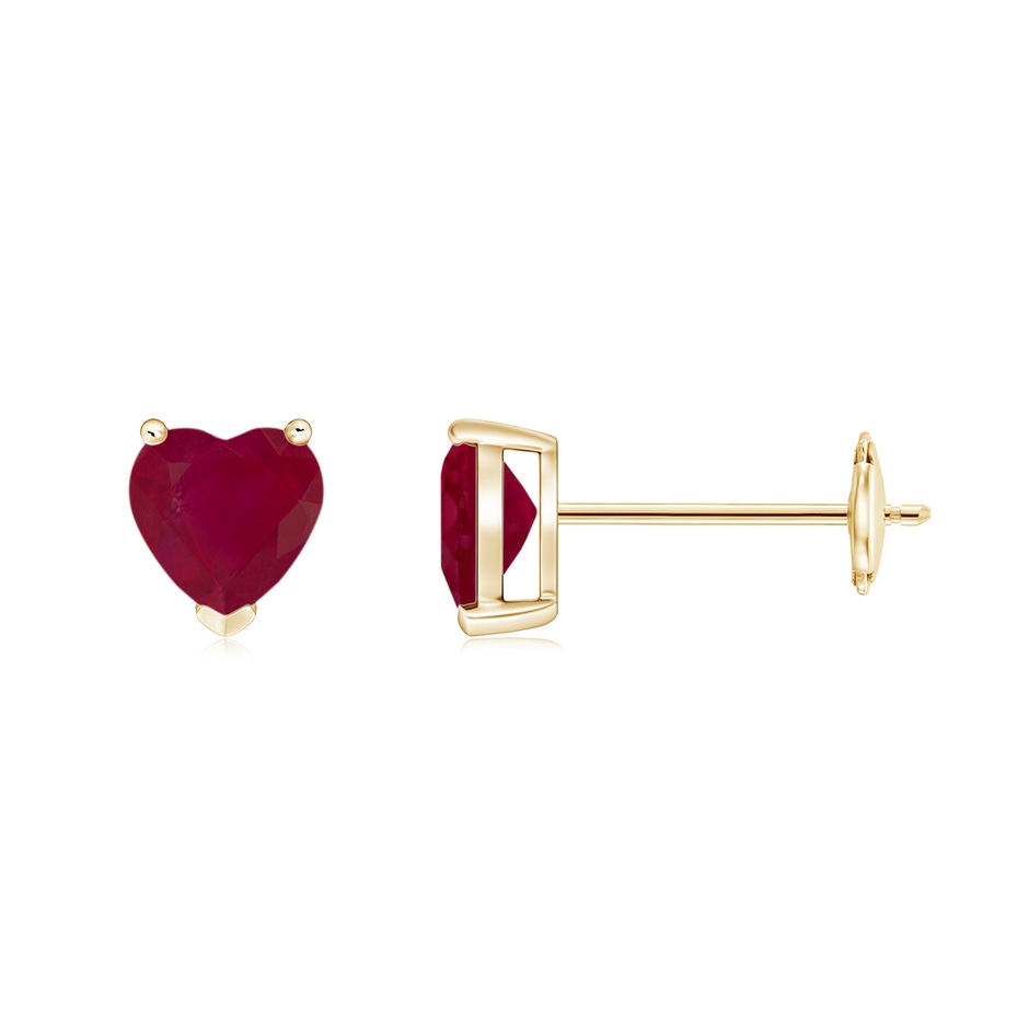 5mm A Ruby Solitaire Heart Stud Earrings in 9K Yellow Gold 