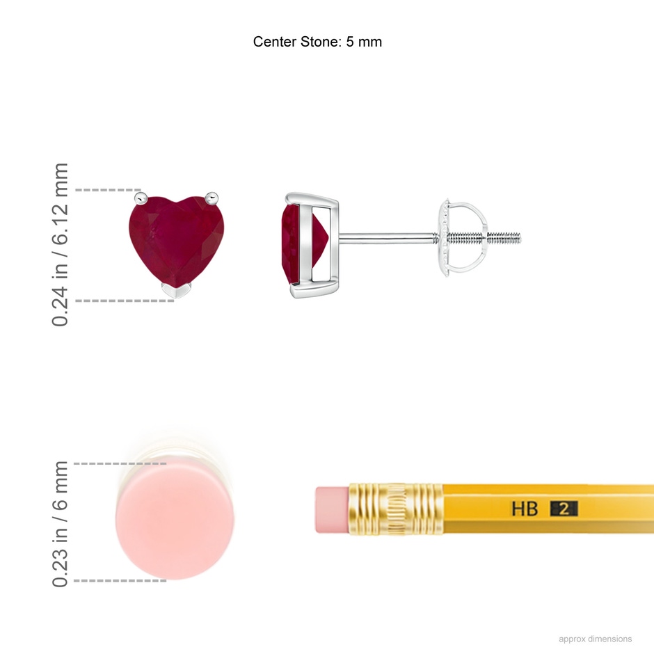 5mm A Ruby Solitaire Heart Stud Earrings in P950 Platinum ruler