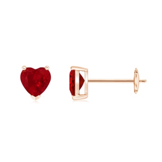 5mm AAA Ruby Solitaire Heart Stud Earrings in 9K Rose Gold