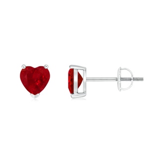 5mm AAA Ruby Solitaire Heart Stud Earrings in P950 Platinum