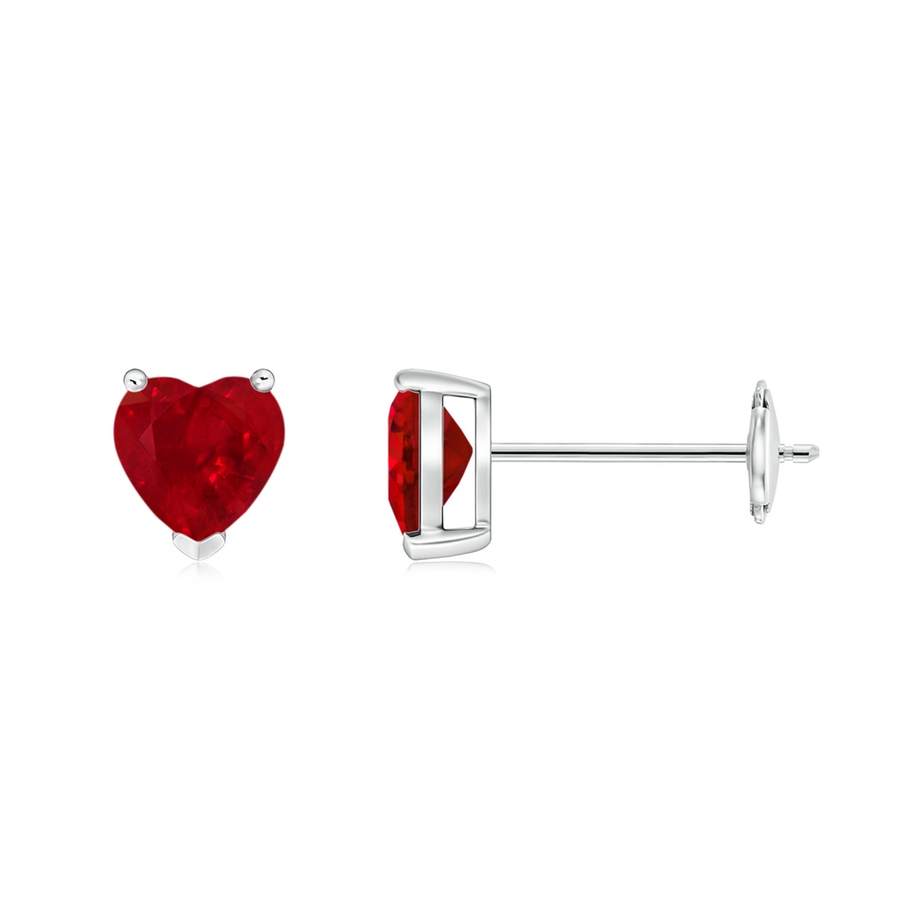 5mm AAA Ruby Solitaire Heart Stud Earrings in White Gold