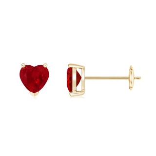 5mm AAA Ruby Solitaire Heart Stud Earrings in Yellow Gold