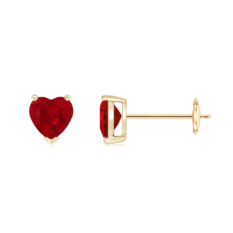 5mm AAA Ruby Solitaire Heart Stud Earrings in Yellow Gold 