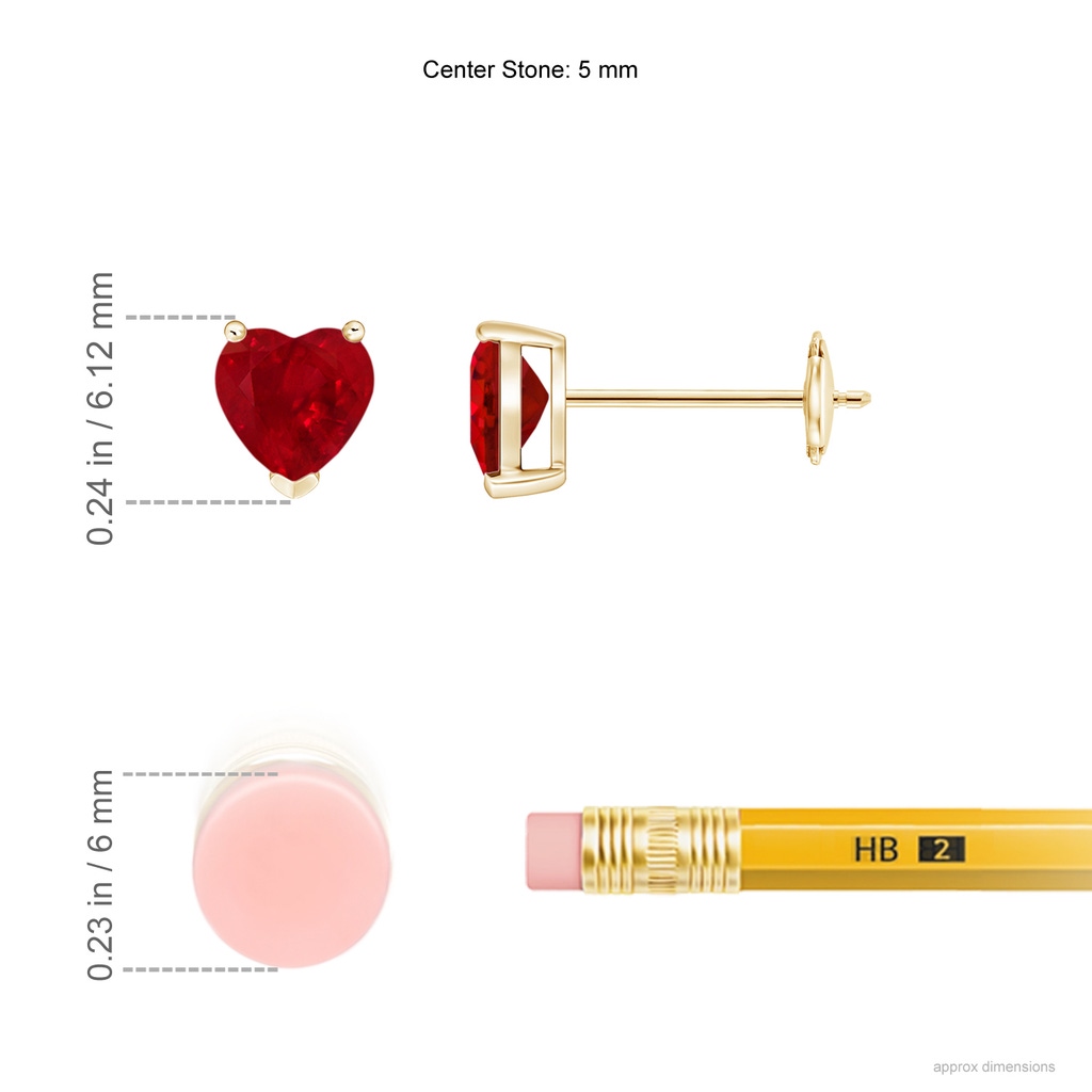 5mm AAA Ruby Solitaire Heart Stud Earrings in Yellow Gold Ruler