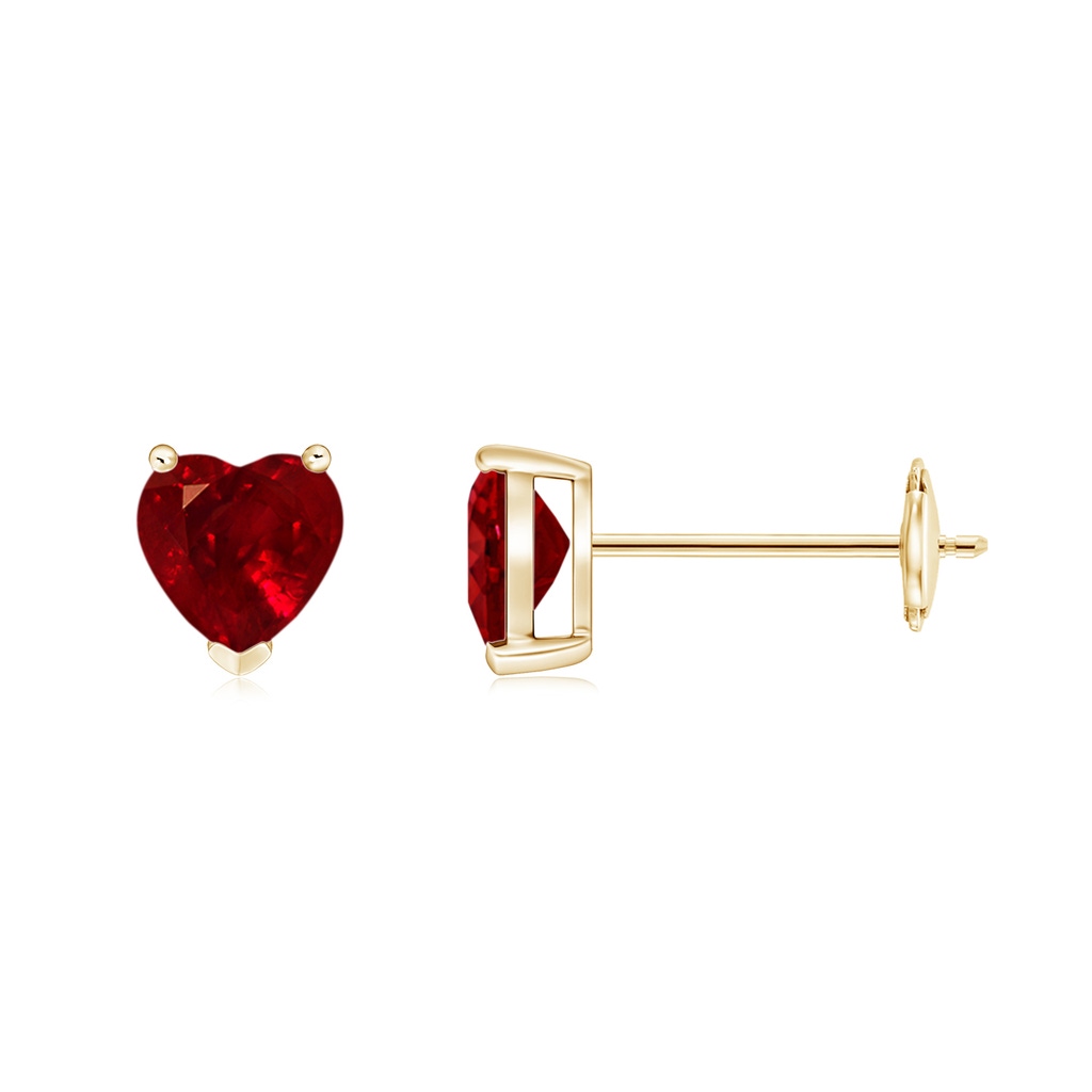 5mm AAAA Ruby Solitaire Heart Stud Earrings in Yellow Gold