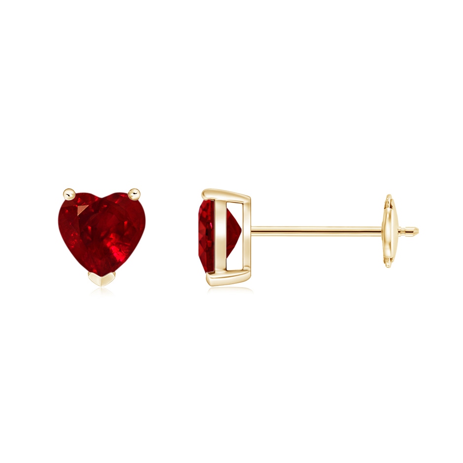 5mm AAAA Ruby Solitaire Heart Stud Earrings in Yellow Gold 