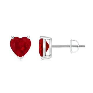 6mm AAA Ruby Solitaire Heart Stud Earrings in P950 Platinum