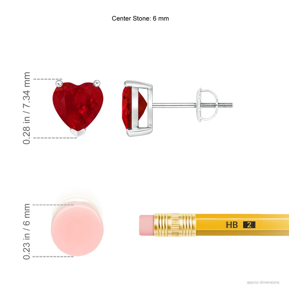 6mm AAA Ruby Solitaire Heart Stud Earrings in P950 Platinum ruler