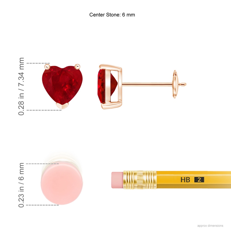 6mm AAA Ruby Solitaire Heart Stud Earrings in Rose Gold ruler