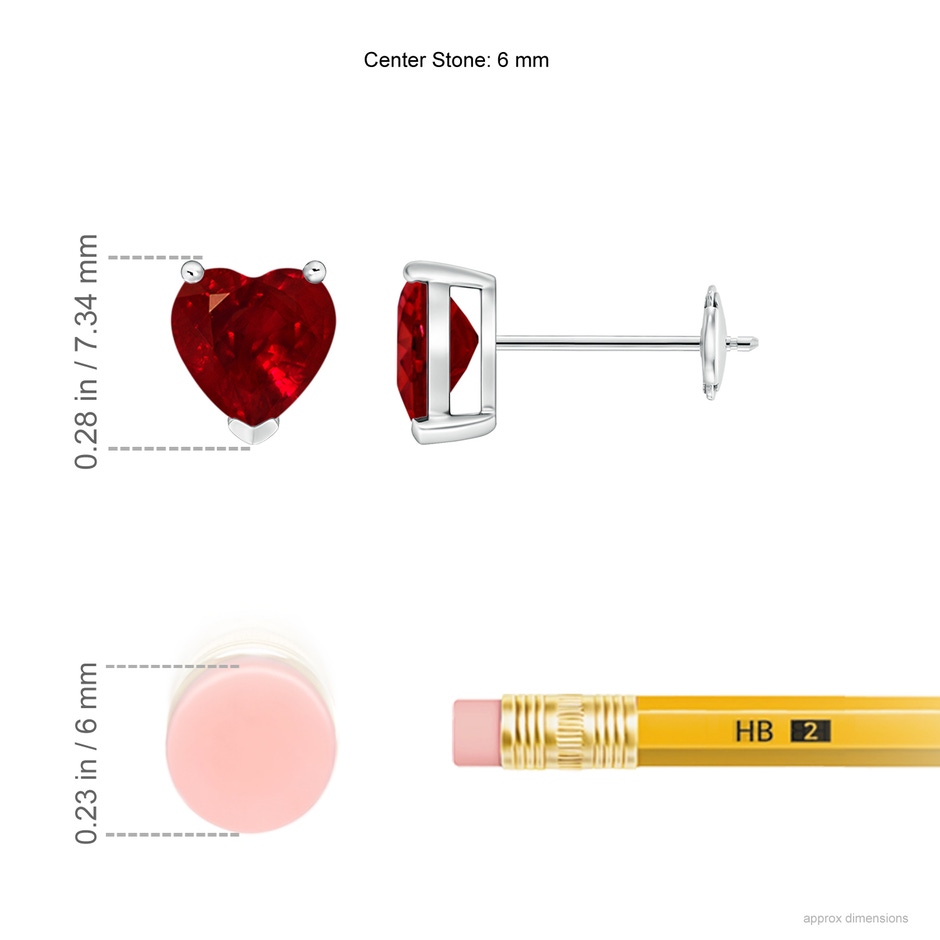 6mm AAAA Ruby Solitaire Heart Stud Earrings in White Gold ruler
