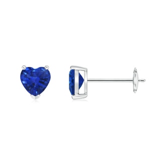 5mm AAA Blue Sapphire Solitaire Heart Stud Earrings in 9K White Gold