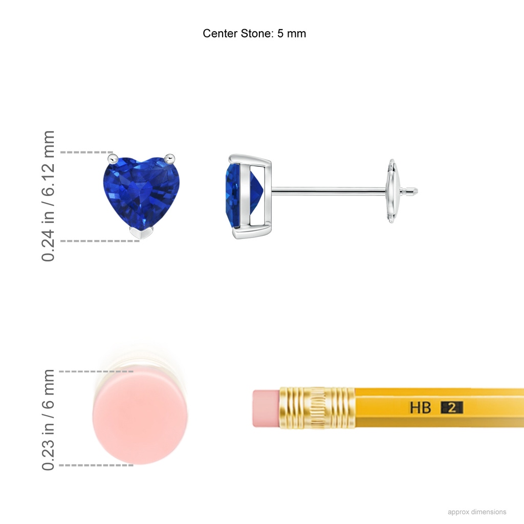 5mm AAA Blue Sapphire Solitaire Heart Stud Earrings in White Gold ruler