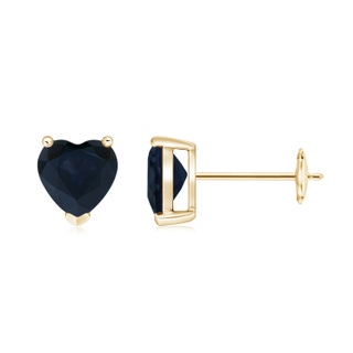 6mm A Blue Sapphire Solitaire Heart Stud Earrings in Yellow Gold