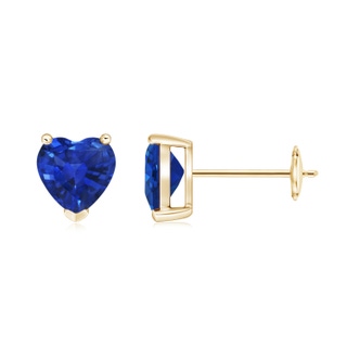 6mm AAA Blue Sapphire Solitaire Heart Stud Earrings in Yellow Gold