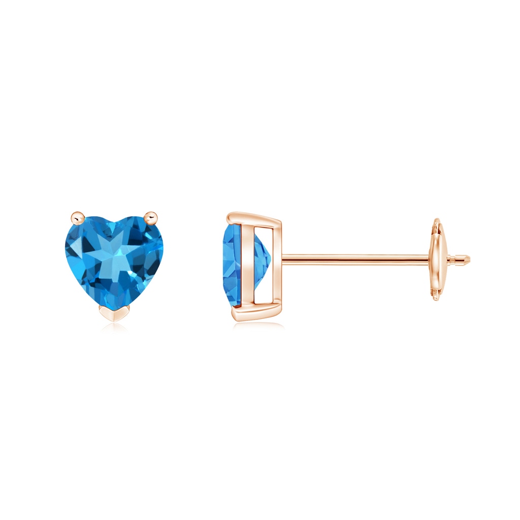 5mm AAAA Swiss Blue Topaz Solitaire Heart Stud Earrings in Rose Gold