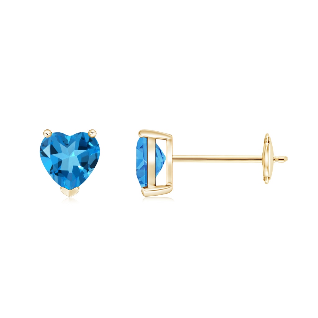 5mm AAAA Swiss Blue Topaz Solitaire Heart Stud Earrings in Yellow Gold