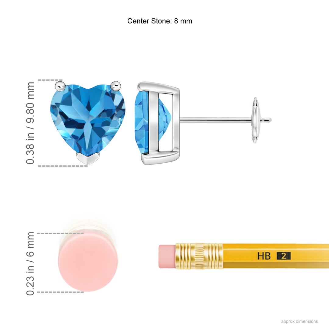 8mm AAA Swiss Blue Topaz Solitaire Heart Stud Earrings in White Gold - ruler