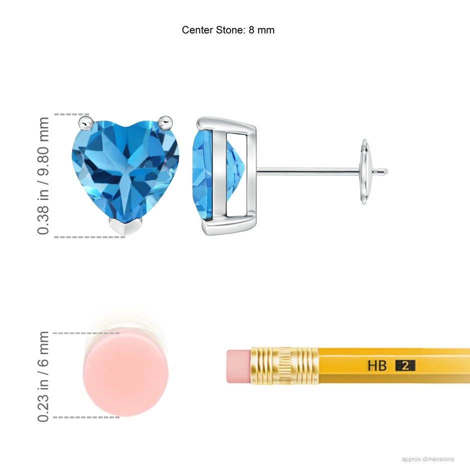 8mm AAA Swiss Blue Topaz Solitaire Heart Stud Earrings in White Gold ruler