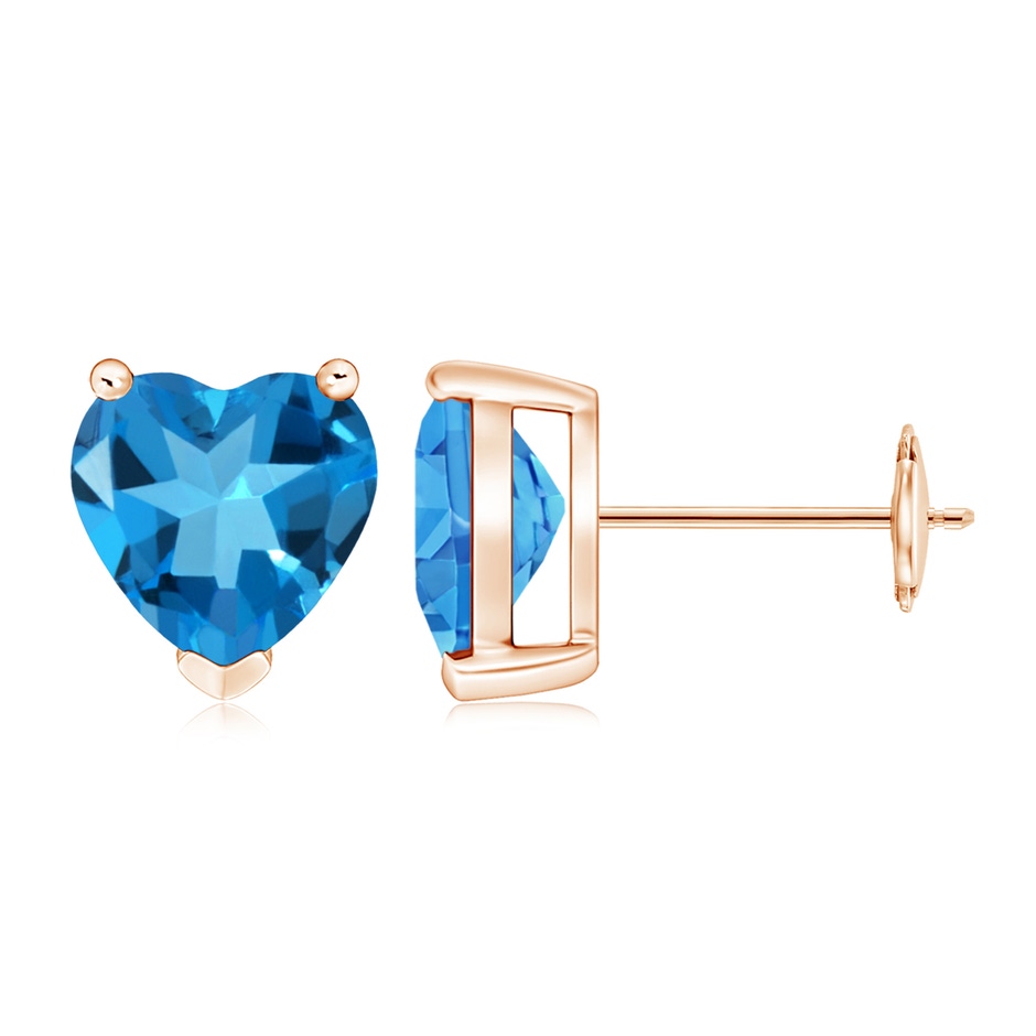 8mm AAAA Swiss Blue Topaz Solitaire Heart Stud Earrings in Rose Gold 