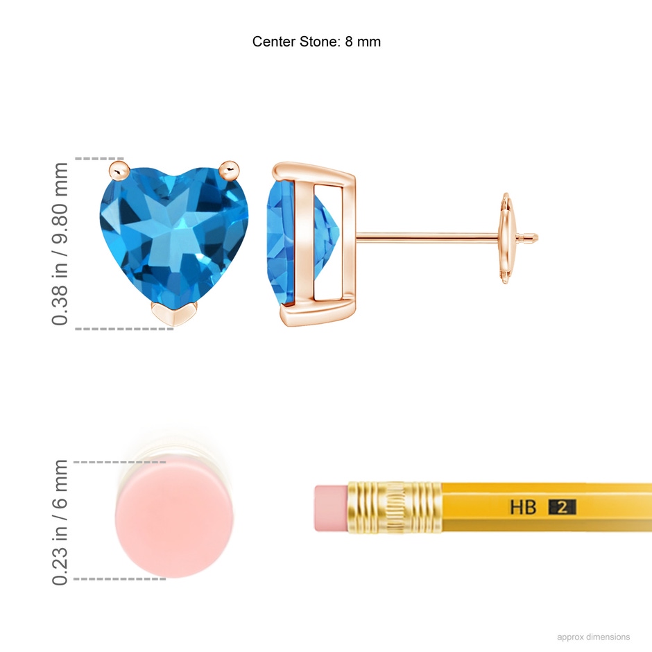 8mm AAAA Swiss Blue Topaz Solitaire Heart Stud Earrings in Rose Gold ruler