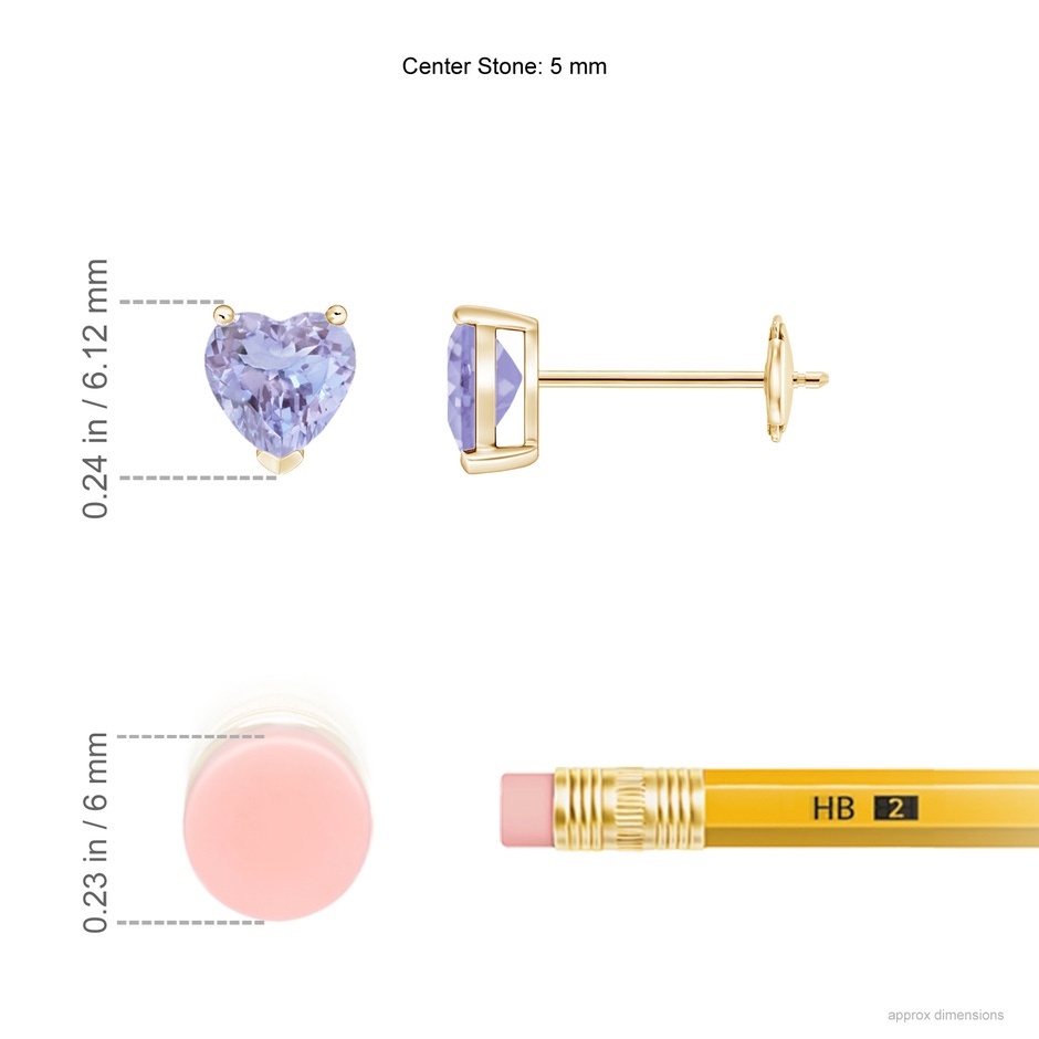 5mm A Tanzanite Solitaire Heart Stud Earrings in Yellow Gold ruler