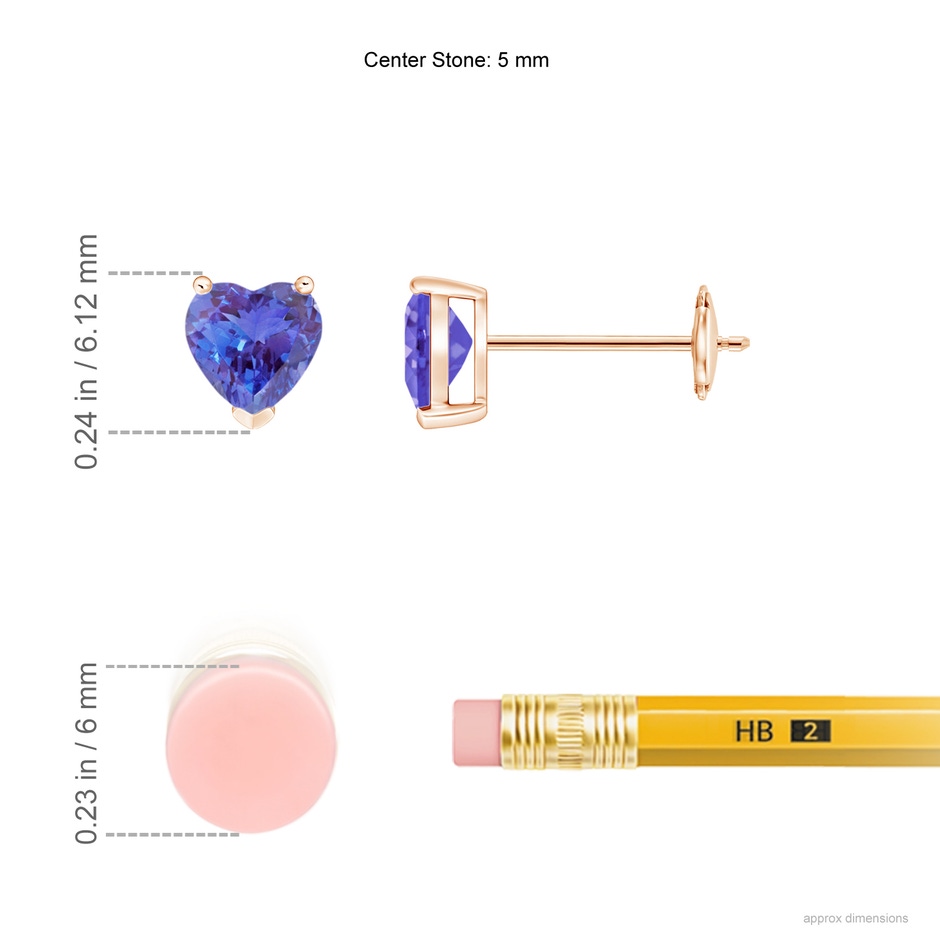 5mm AAA Tanzanite Solitaire Heart Stud Earrings in Rose Gold ruler