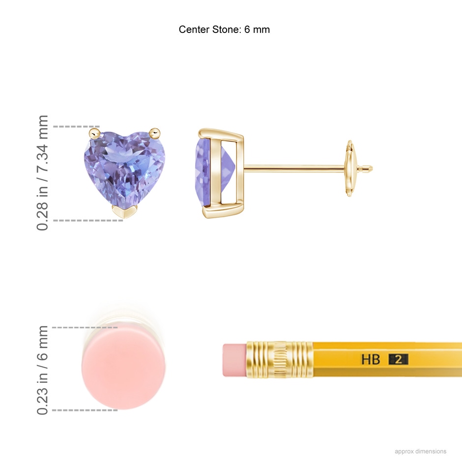 6mm A Tanzanite Solitaire Heart Stud Earrings in Yellow Gold ruler
