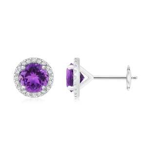 10mm AAA Classic Amethyst and Diamond Halo Stud Earrings in White Gold