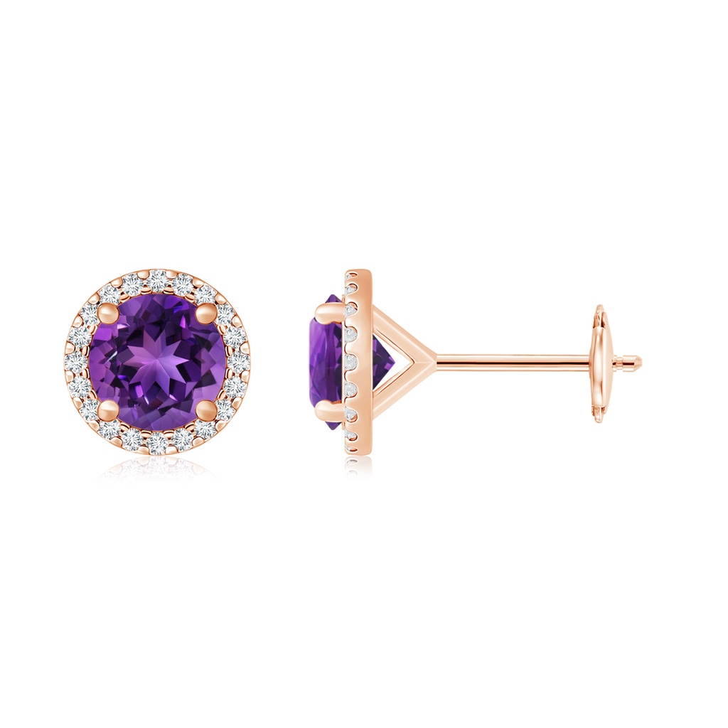 10mm AAAA Classic Amethyst and Diamond Halo Stud Earrings in Rose Gold