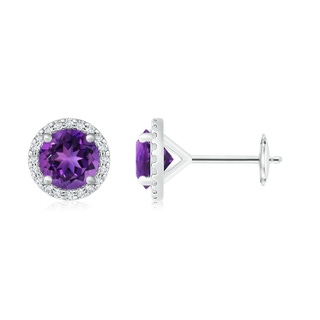 10mm AAAA Classic Amethyst and Diamond Halo Stud Earrings in White Gold