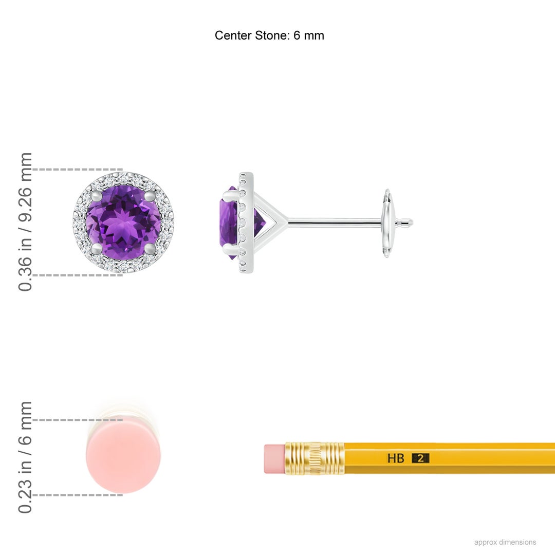 6mm AAA Classic Amethyst and Diamond Halo Stud Earrings in White Gold - ruler