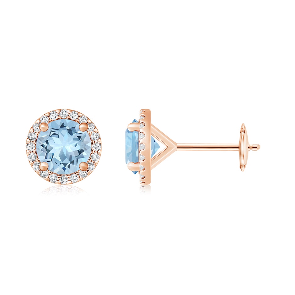 10mm AAA Classic Aquamarine and Diamond Halo Stud Earrings in 18K Rose Gold 