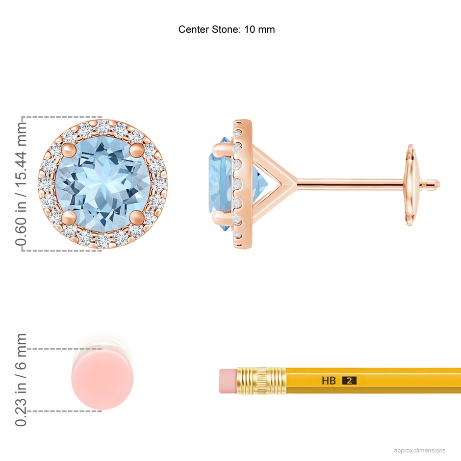10mm AAA Classic Aquamarine and Diamond Halo Stud Earrings in 18K Rose Gold ruler