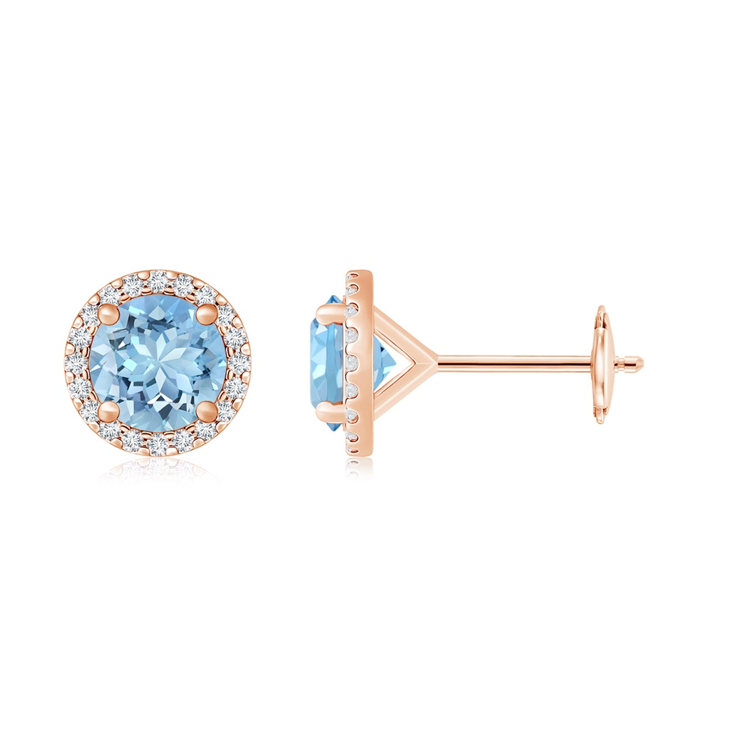 10mm AAAA Classic Aquamarine and Diamond Halo Stud Earrings in 18K Rose Gold