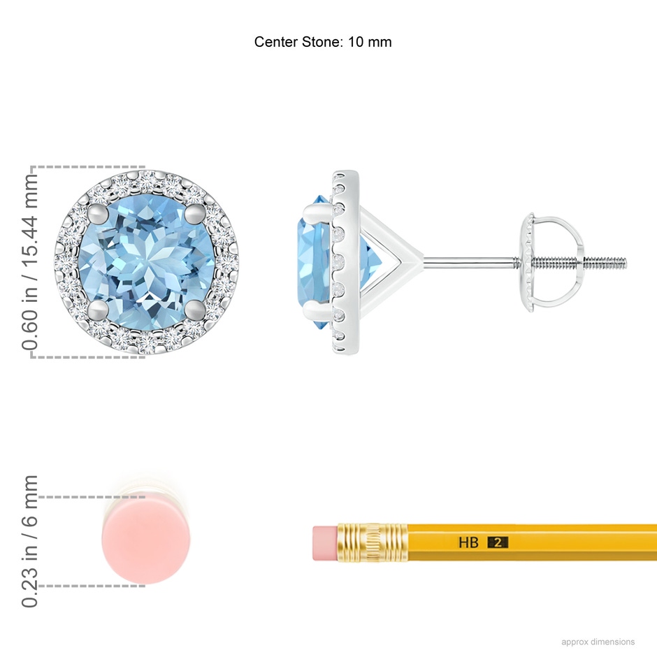 10mm AAAA Classic Aquamarine and Diamond Halo Stud Earrings in P950 Platinum ruler