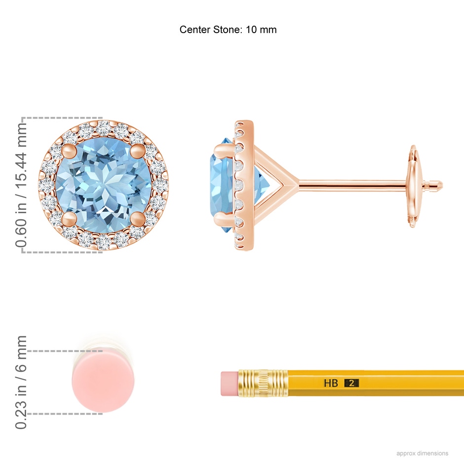 10mm AAAA Classic Aquamarine and Diamond Halo Stud Earrings in Rose Gold ruler
