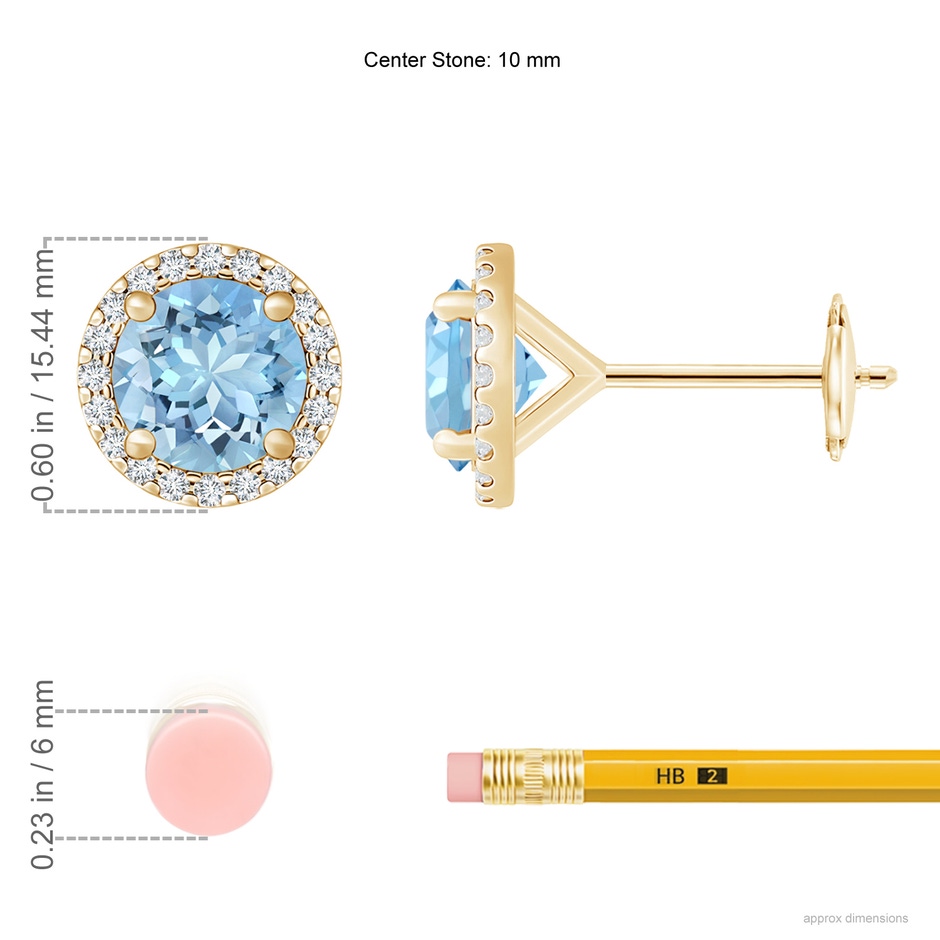 10mm AAAA Classic Aquamarine and Diamond Halo Stud Earrings in Yellow Gold ruler