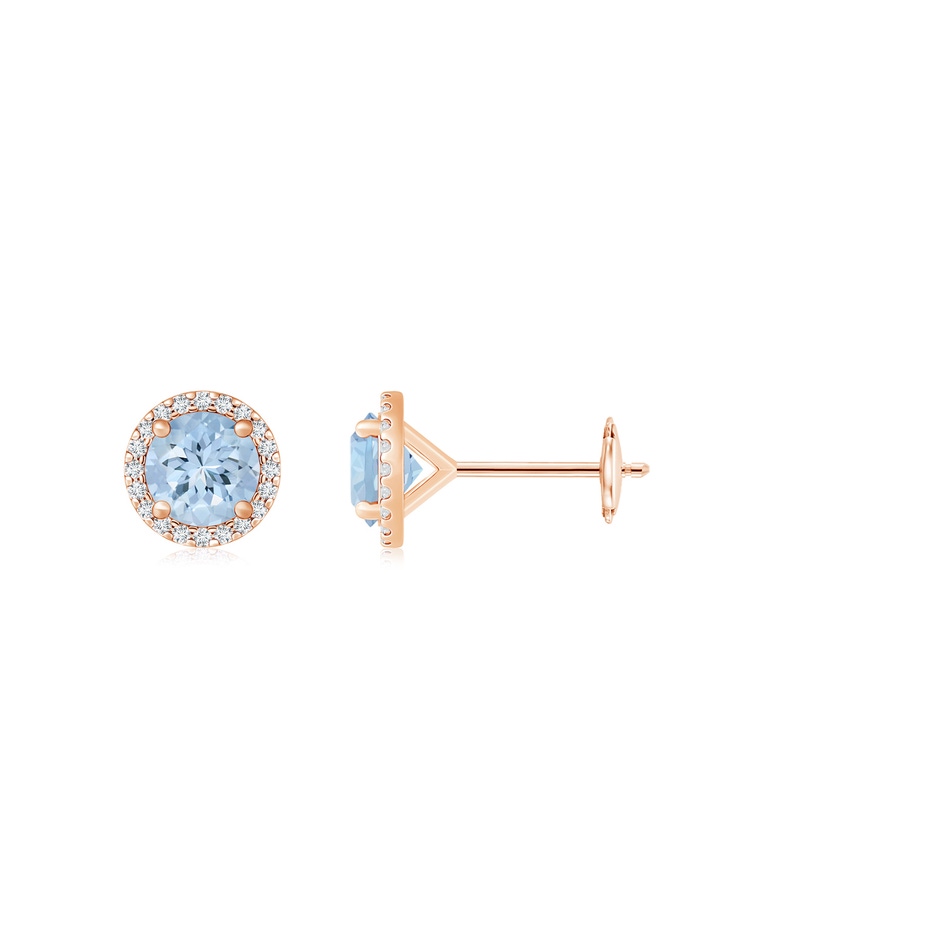 6mm AA Classic Aquamarine and Diamond Halo Stud Earrings in Rose Gold 