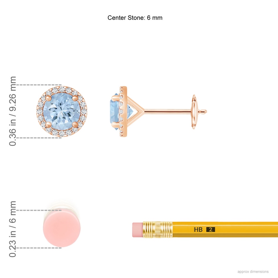6mm AA Classic Aquamarine and Diamond Halo Stud Earrings in Rose Gold ruler