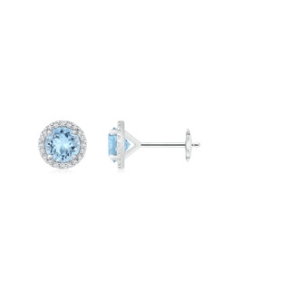 6mm AAA Classic Aquamarine and Diamond Halo Stud Earrings in 18K White Gold