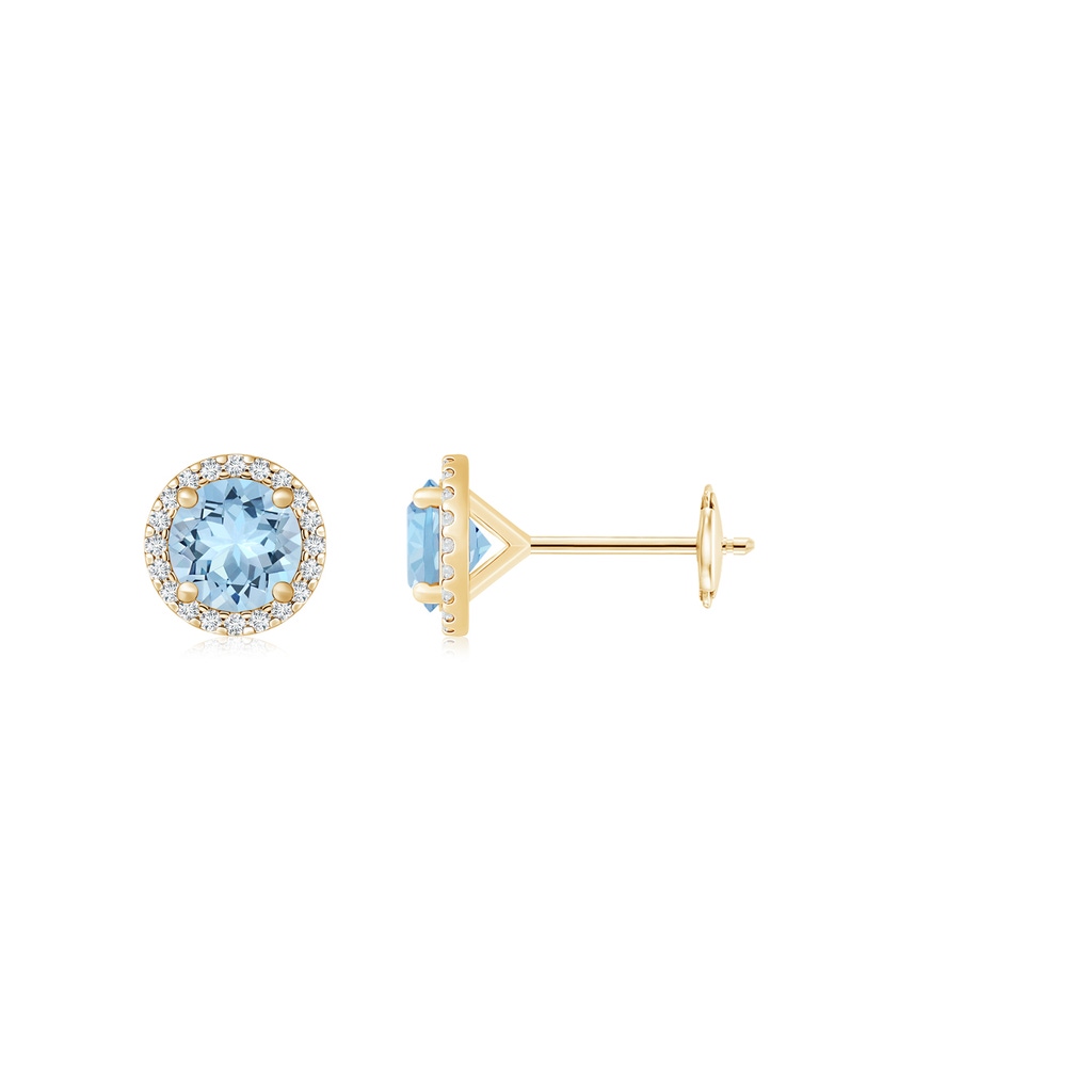 6mm AAA Classic Aquamarine and Diamond Halo Stud Earrings in Yellow Gold