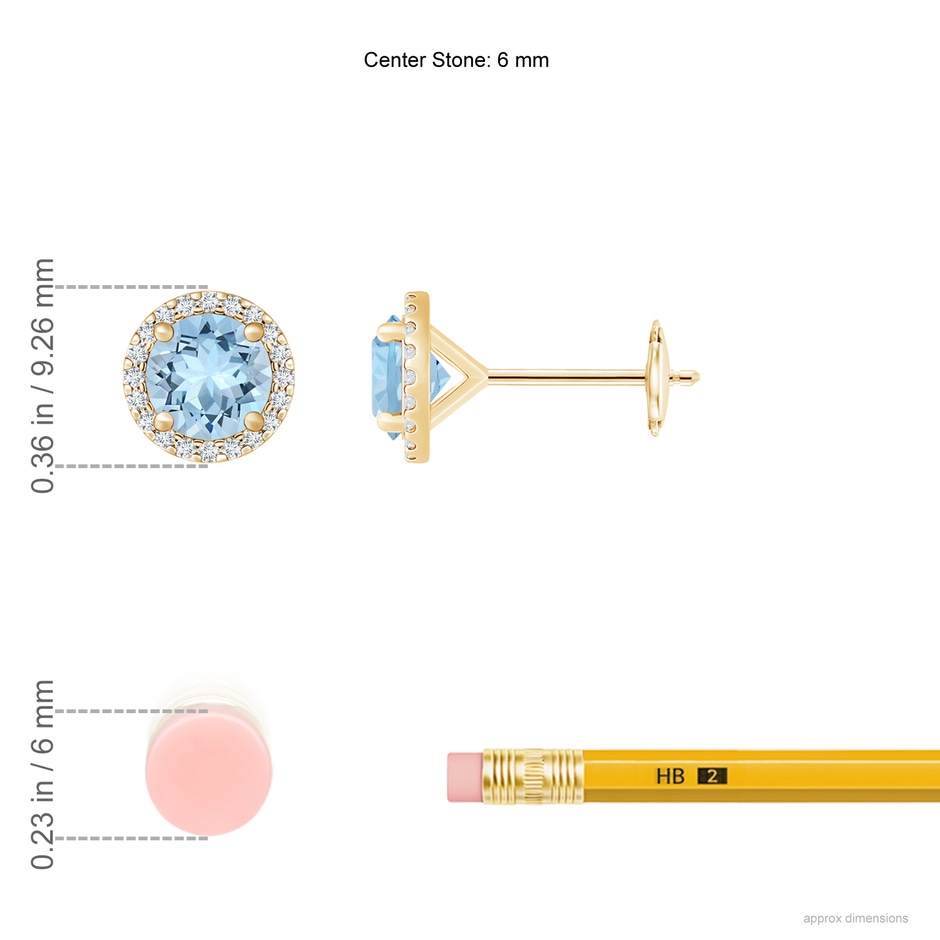 6mm AAA Classic Aquamarine and Diamond Halo Stud Earrings in Yellow Gold ruler