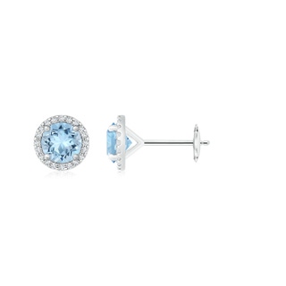 7mm AAA Classic Aquamarine and Diamond Halo Stud Earrings in White Gold