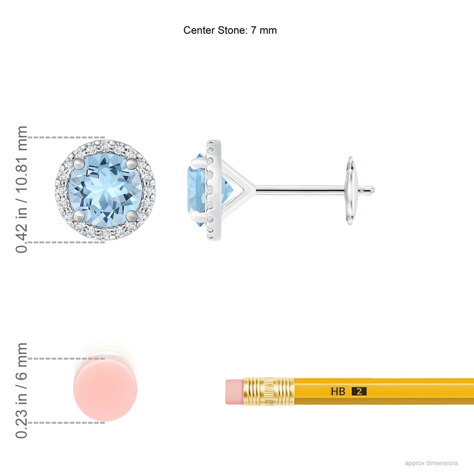 7mm AAA Classic Aquamarine and Diamond Halo Stud Earrings in White Gold ruler