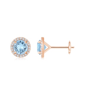 8mm AAA Classic Aquamarine and Diamond Halo Stud Earrings in Rose Gold