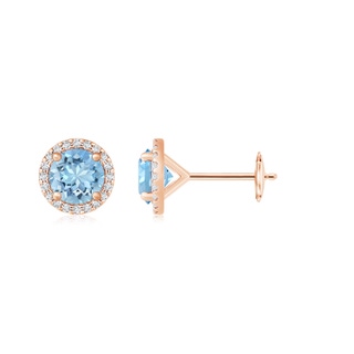 8mm AAAA Classic Aquamarine and Diamond Halo Stud Earrings in 18K Rose Gold