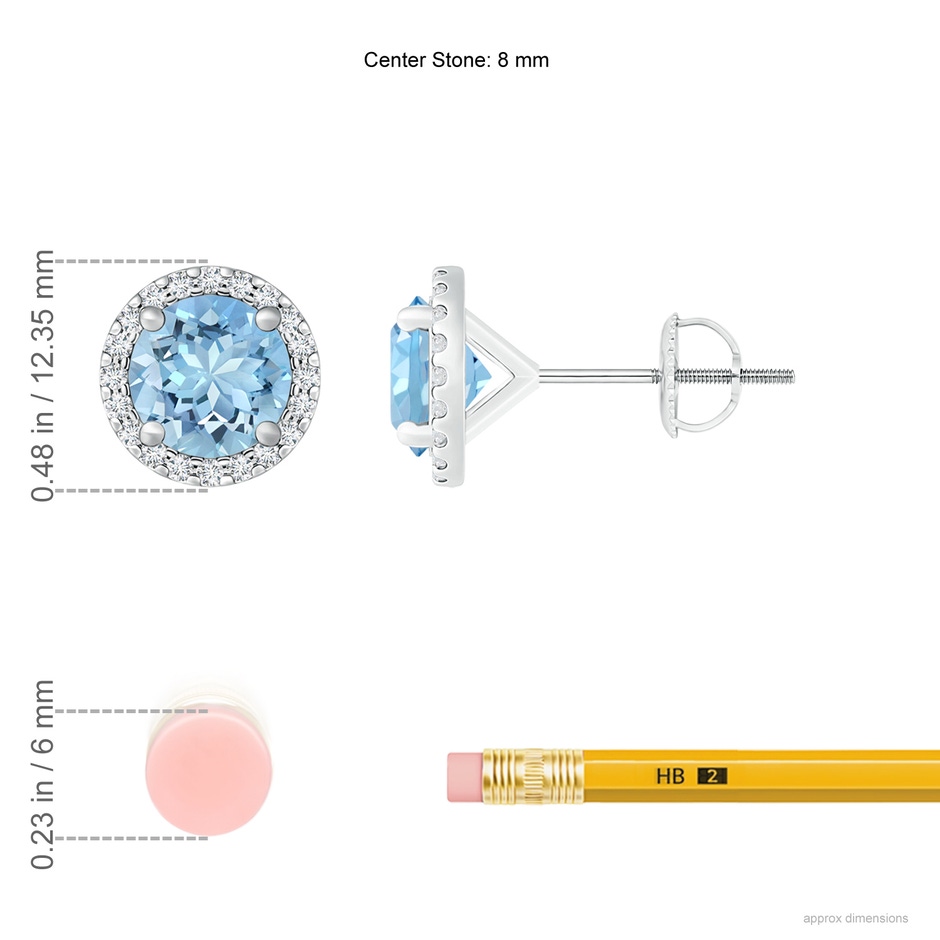8mm AAAA Classic Aquamarine and Diamond Halo Stud Earrings in P950 Platinum ruler