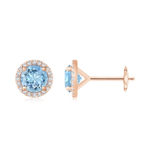 9mm AAAA Classic Aquamarine and Diamond Halo Stud Earrings in 18K Rose Gold