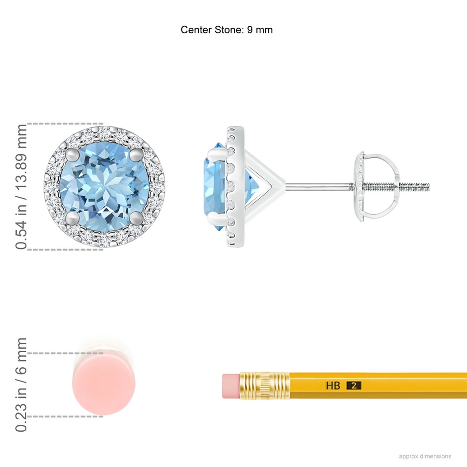 9mm AAAA Classic Aquamarine and Diamond Halo Stud Earrings in P950 Platinum ruler