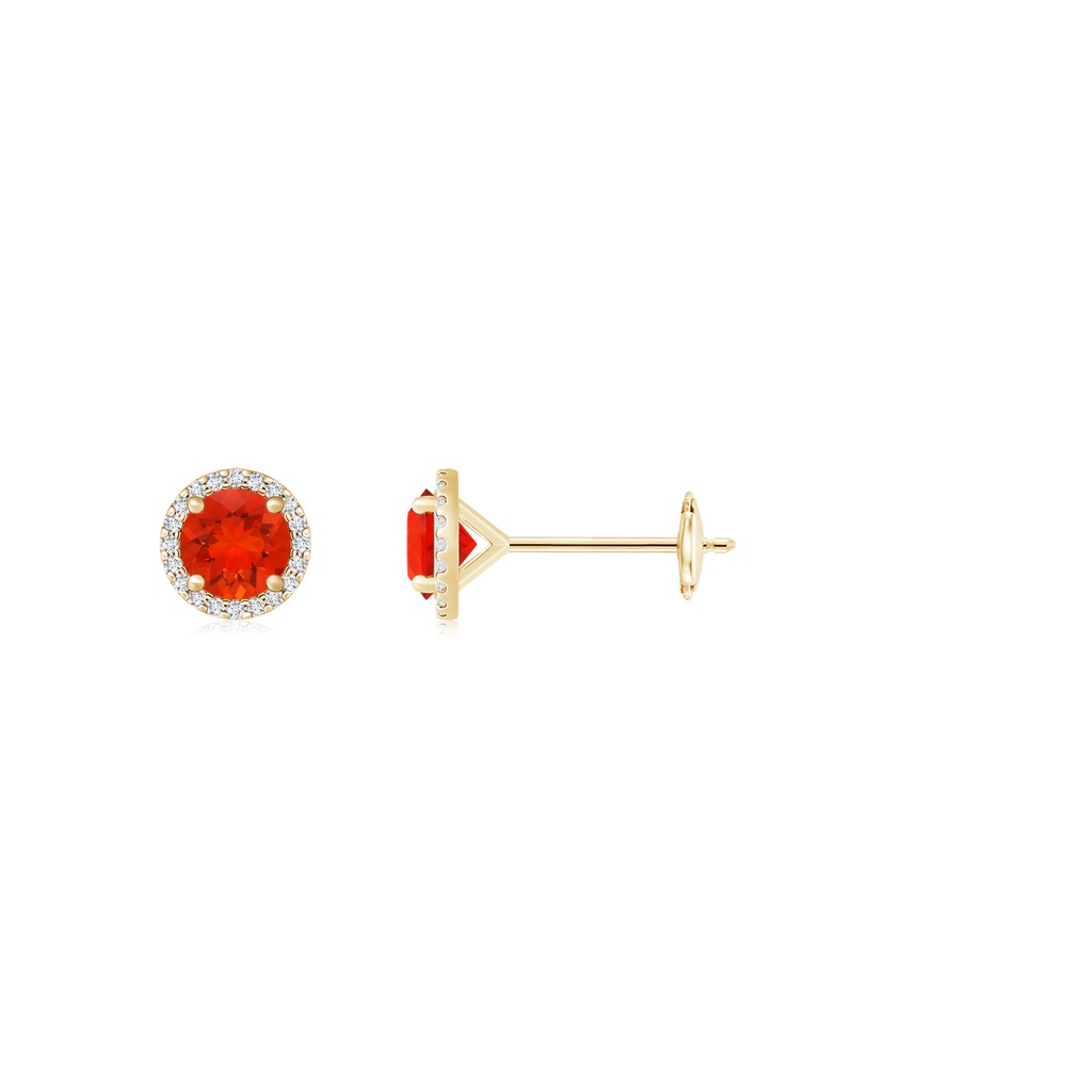 5mm AAAA Classic Fire Opal and Diamond Halo Stud Earrings in Yellow Gold